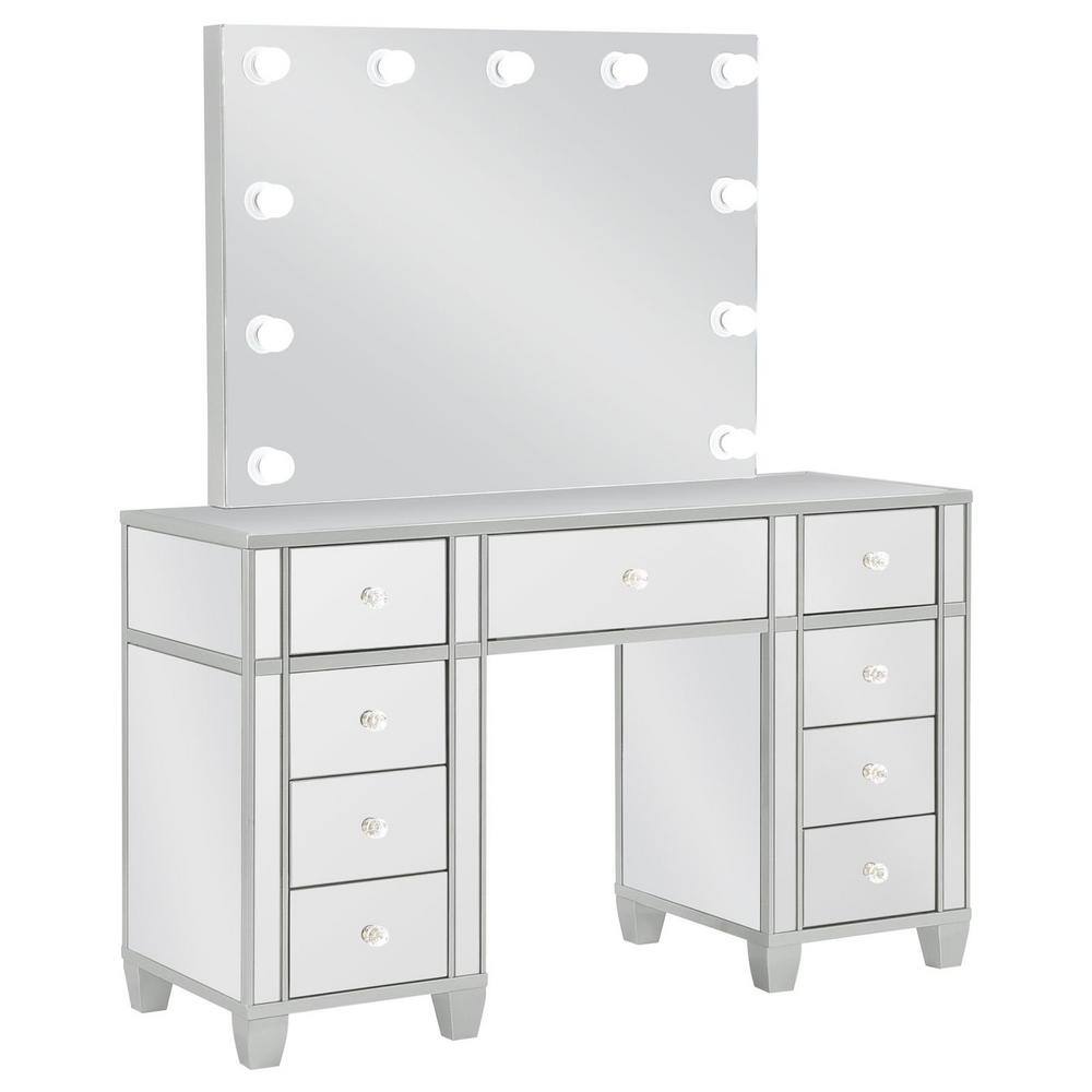 Allora Silver Mirrored Vanity Set with Bench and Hollywood Lighting