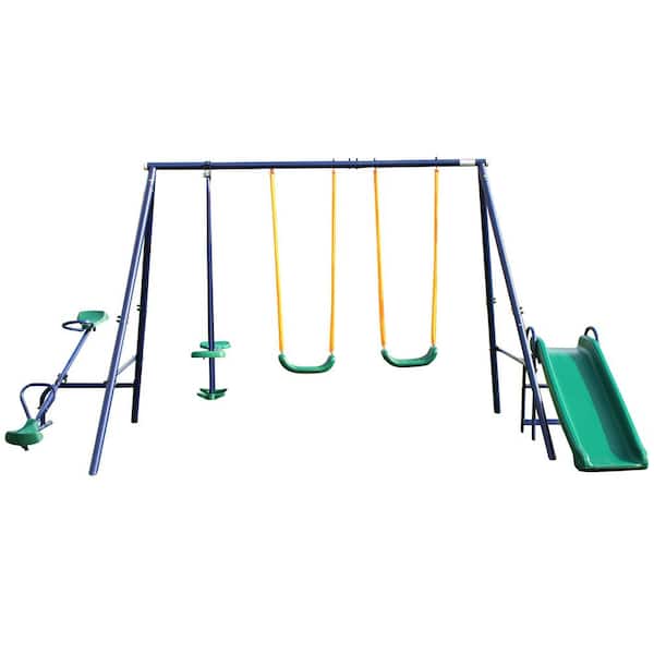 YOFE 5-in-1 Heavy-Duty Metal Outdoor Playground Equipment Kids Swing Sets with 2 Swings 1 Glider, 1 Slide and 1 Teeter Totter