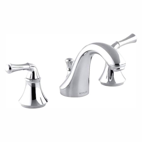 KOHLER Forte 8 in. Widespread 2-Handle Low-Arc Water-Saving Bathroom Faucet in Polished Chrome with Traditional Lever Handles