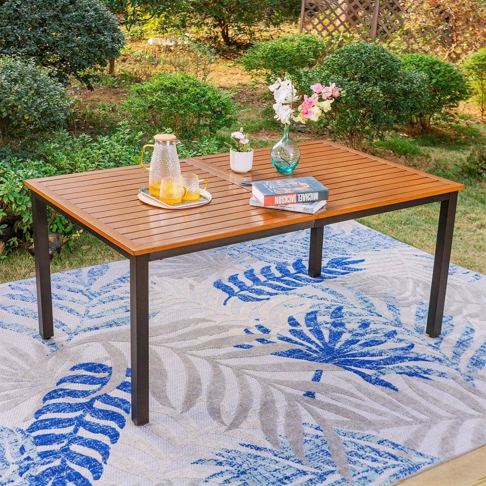 PHI VILLA Black Rectangle WoodLook Metal Patio Outdoor Dining Table