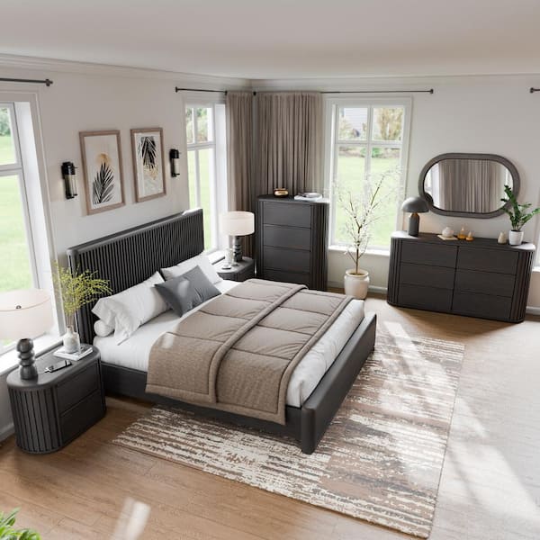 Furniture of America Eastbrook 6-Piece Modern Black Acacia Wood Queen Fluted Bedroom Set