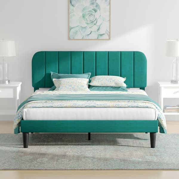 VECELO Upholstered Bed Frame, Queen Platform Bed Frame with Adjustable Headboard, Strong Wooden Slats Support, Green