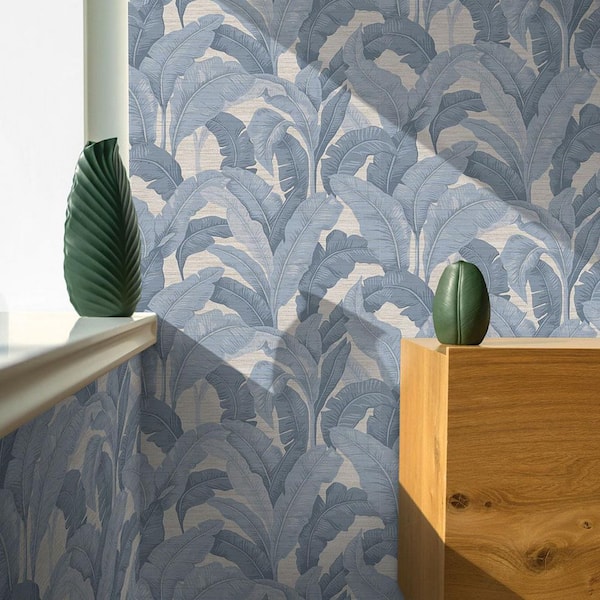 Tempaper Steel Blue Layered Palm Faux Grasscloth Vinyl Peel and