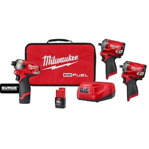 M12 FUEL SURGE 12V Lithium-Ion Brushless Cordless 1/4 in. Hex Impact Driver Kit w/(2) M12 FUEL 3/8" Impact Wrenches