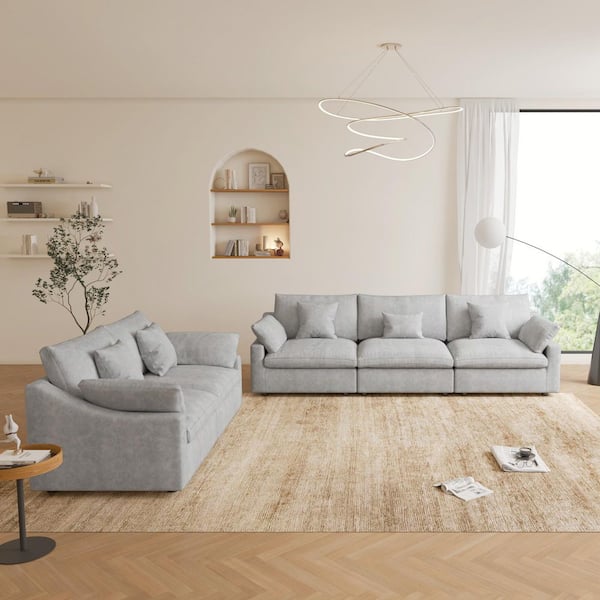 Modular Linen Fabric Pine Wood Cloud Living Room Set 2 Seater and 3 Seater Sectional Sofa with Washable Cover in Gray