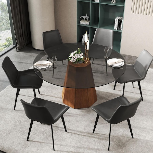 Round Brown Glass 53.15 in. Pedestal Dining Table with Wood Base Seats 6