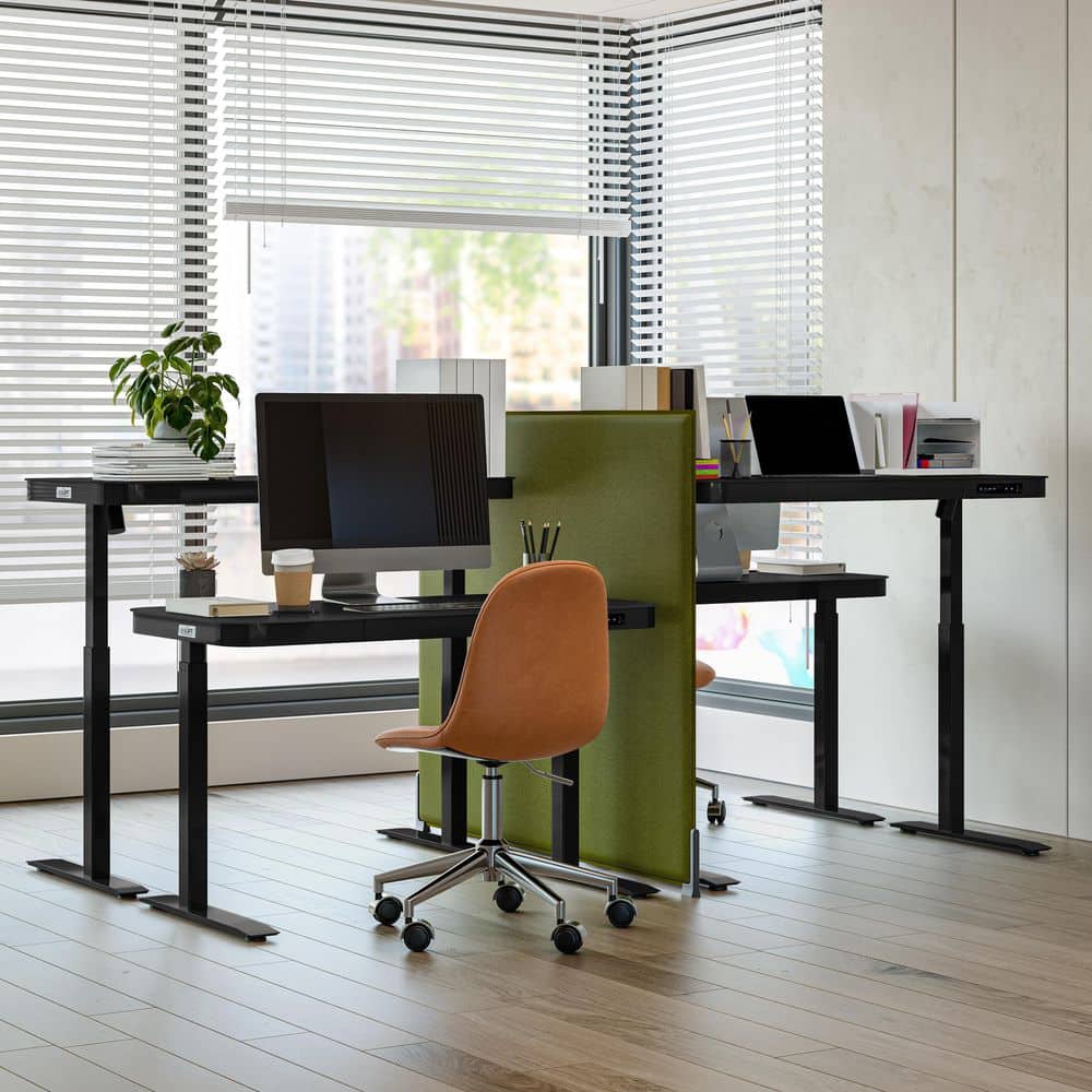 Black Adjustable Height Glass Standing Desk with USB Port and Drawer