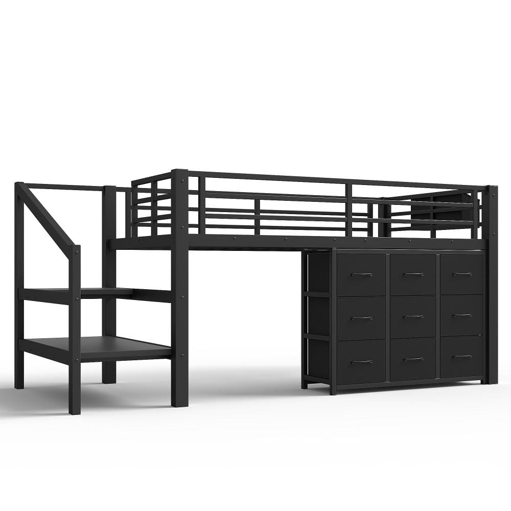 Black Twin Metal Low Loft Bed with Storage Stairs, Fabric Drawers, Shelves and Lights durable construction price history on PriceWatchPro