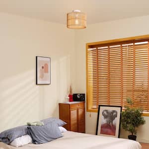 11.75 in. 1-Light Matte White Semi-Flush Mount Ceiling Light with Natural Bamboo Shade