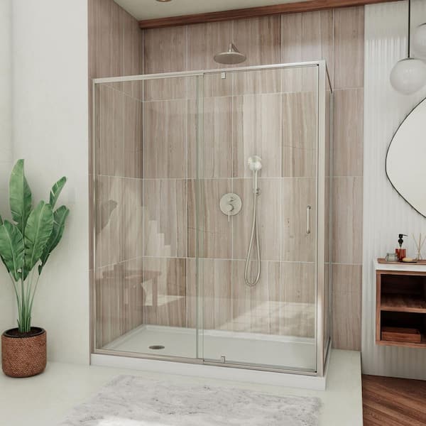 DreamLine Flex 60 in. x 72 in. Semi-Frameless Pivot Shower Door in Brushed Nickel Finish with 60 in. x 36 in. Base in White
