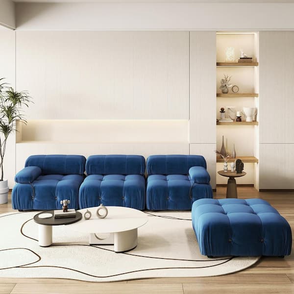 Magic Home Chameleon 104 in. Square Arm Minimalism 4-piece Modern Velvet Modular Combination Sectional Sofa with Ottoman in Blue