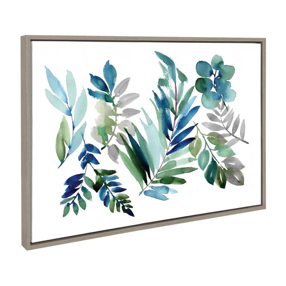 Tropic Leaves Blue Framed Canvas Wall Art, 36" x 27"