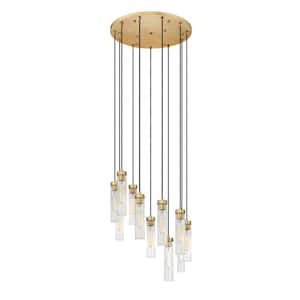 Beau 11-Light Rubbed Brass Shaded Round Chandelier with Clear Glass Shade with No Bulbs Included