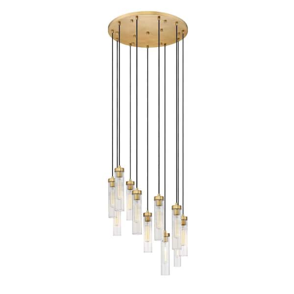Unbranded Beau 11-Light Rubbed Brass Shaded Round Chandelier with Clear Glass Shade with No Bulbs Included