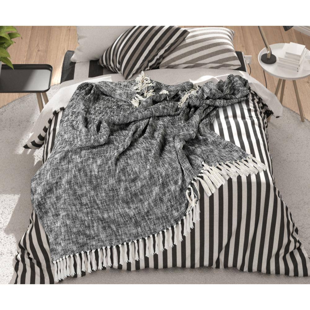 Black and Off-White Cotton Chambray Throw Blanket with Fringe, 60" x 50"
