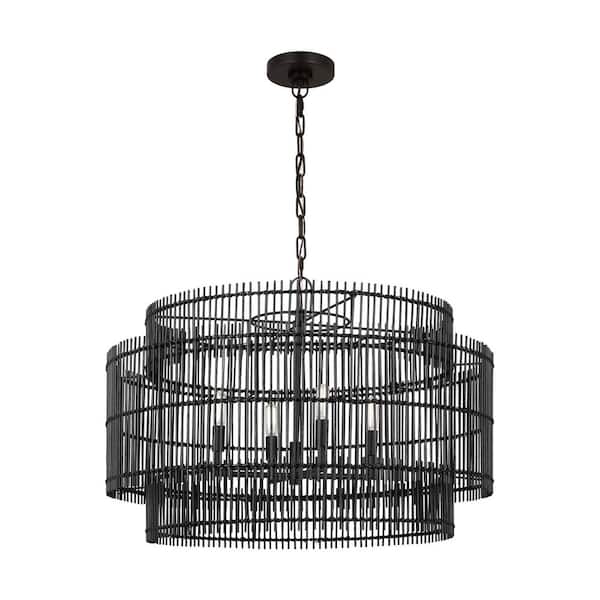 Generation Lighting Elio Large 4-Light Aged Iron Hanging Pendant Light with Black Bamboo Shade
