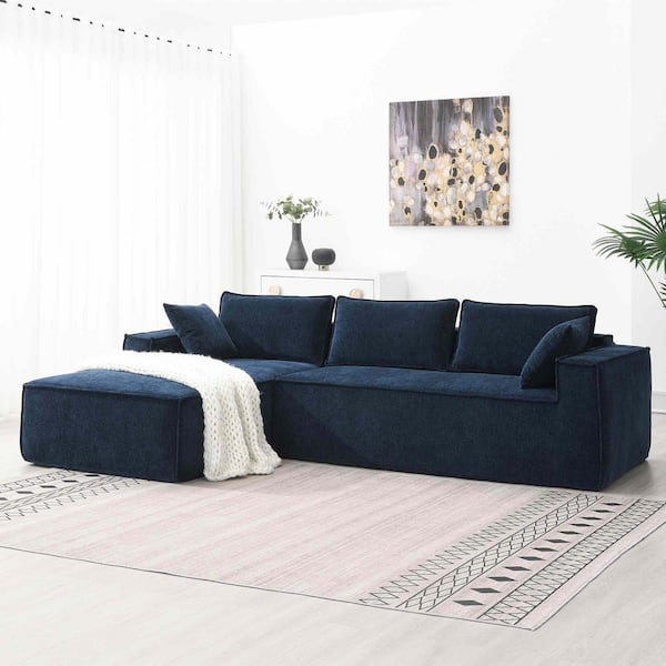 111.5 in. Square Arm Chenille L-Shaped Sofa with Wrinkle-Resistant in Dark Blue