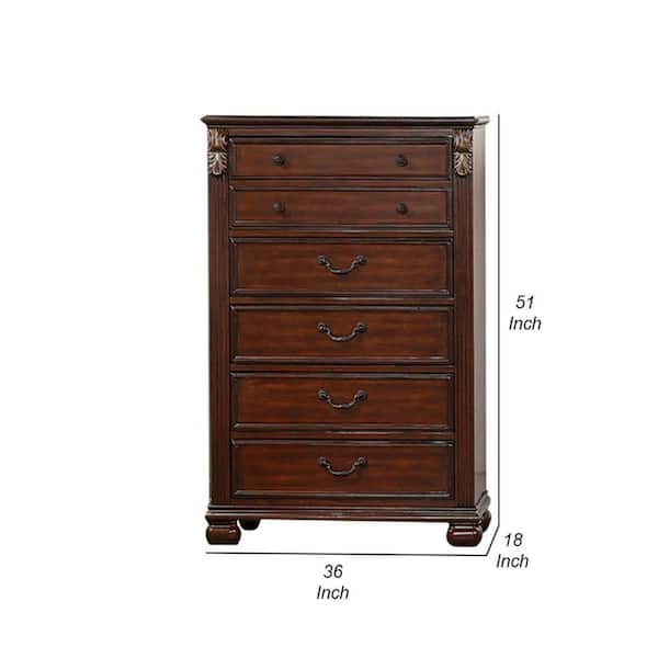 Benjara Miri 51 Inch 6 Drawer Tall Dresser Chest, Brass Carved, Cherry Oak Brown