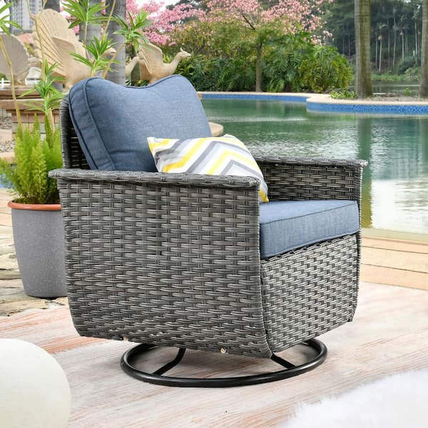 OVIOS Fortune Dark Gray 1-Piece Wicker Outdoor Patio Conversation Set with Denim Blue Cushions and Swivel Chairs