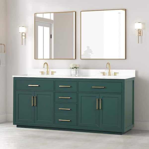 HBEZON Aphrodite 80 in. W x 22 in. D x 36 in. H Freestanding Bath Vanity in Green with White Quartzite Top and Double Sink
