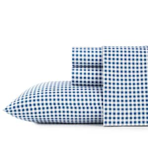 Gingham Plaid 4-Piece Medium Blue Cotton Full Sheet Set