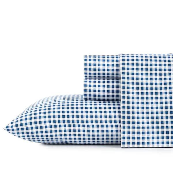 Poppy & Fritz Gingham Plaid 4-Piece Medium Blue Cotton Full Sheet Set