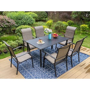 Black 7-Piece Metal Rectangle Patio Outdoor Dining Set Slat Table with Padded Textile Chairs