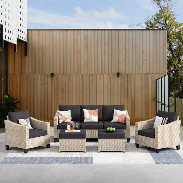 HOOOWOOO Oconee Beige 5-Piece Beautiful Outdoor Patio Conversation Sofa Seating Set with Black Cushions