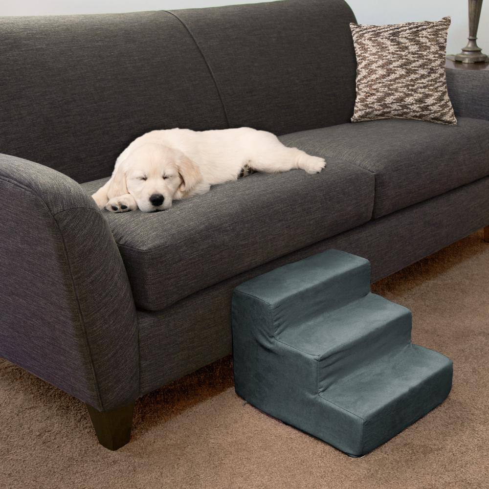 Gray 3-Step Foam Pet Stairs with Microfiber Cover