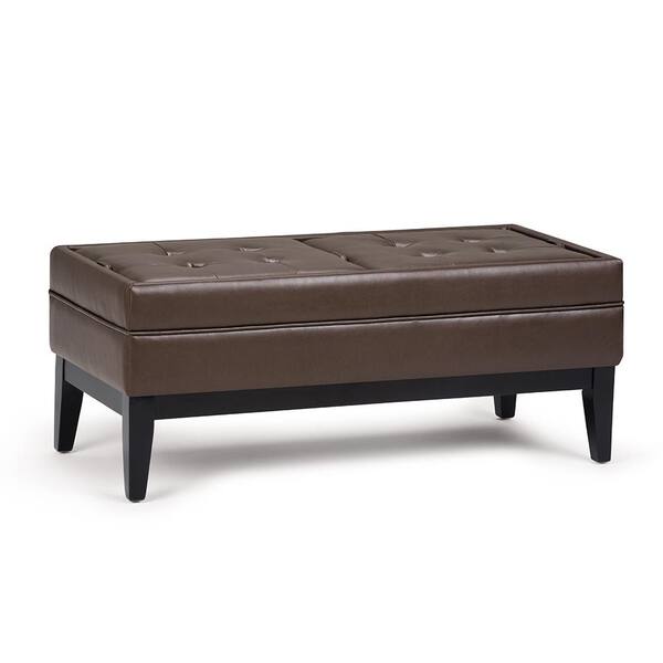 Simpli Home Castlerock 42 in. Transitional Ottoman Bench in Chocolate Brown Faux Leather