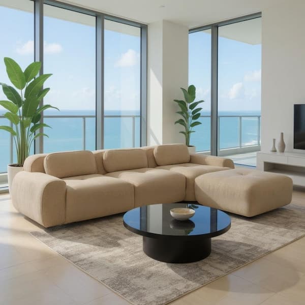 SMZO 117.3 in. Rolled Arm 3-Piece Corduroy Modular Sectional Sofa in. Camel Brown with Ottoman, and Flexible Layout