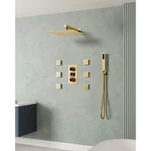 Double Handle 3-Spray 12 in. Wall Mount Shower Faucet  with Body Spray in Brushed Gold Temperature Display