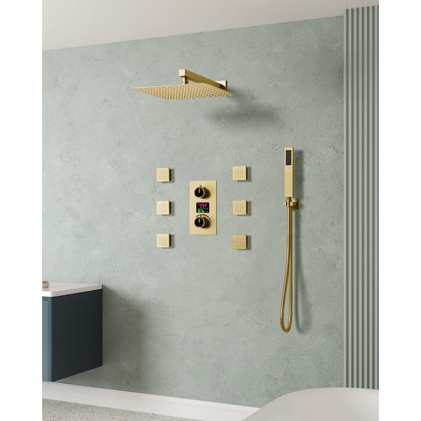 EVERSTEIN Double Handle 3-Spray 12 in. Wall Mount Shower Faucet  with Body Spray in Brushed Gold Temperature Display