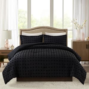 3-Piece Black Microfiber Queen Tufted Dot Comforter Set
