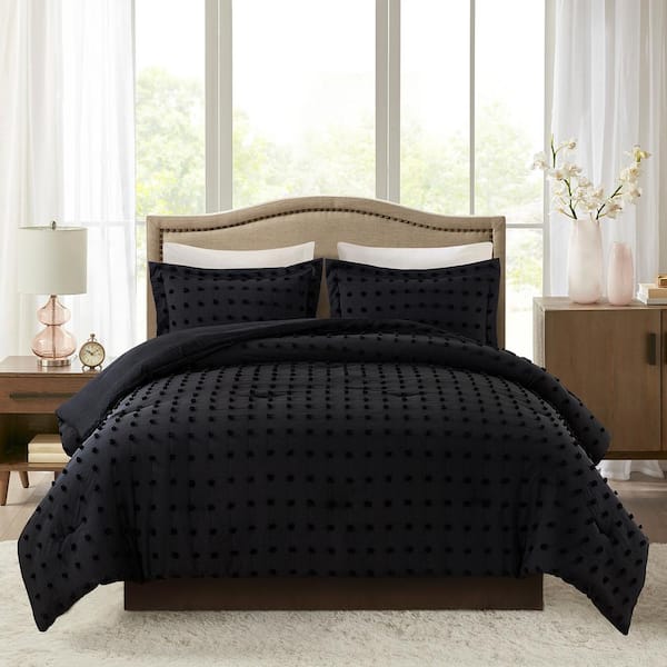 JML 3-Piece Black Microfiber Queen Tufted Dot Comforter Set