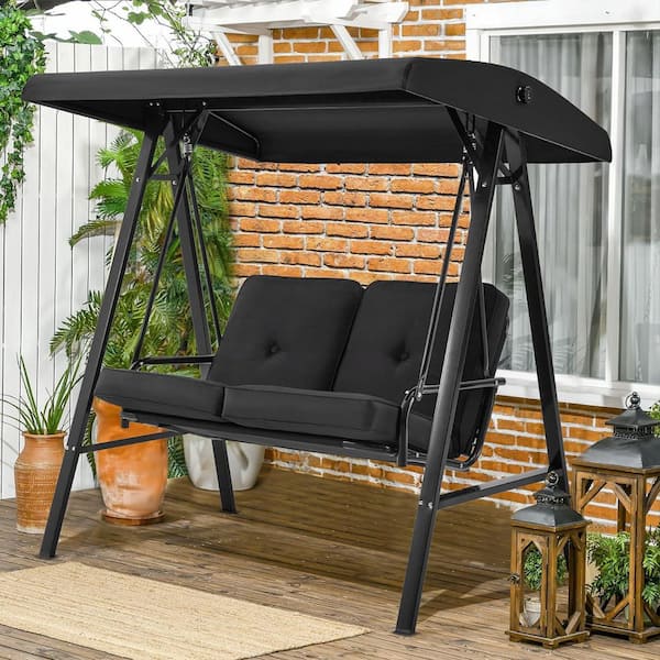 2-Seat Black Metal Outdoor Patio Swing Chair with Adjustable Canopy and Black Cushion