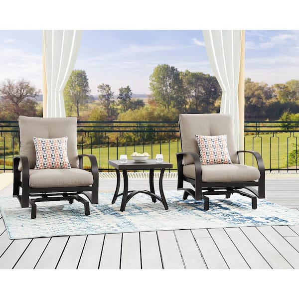 ULAX FURNITURE 3-Piece Aluminum Patio Conversation Set with Beige Sunbrella Cushions, 2 Rocking Chairs, Side Table