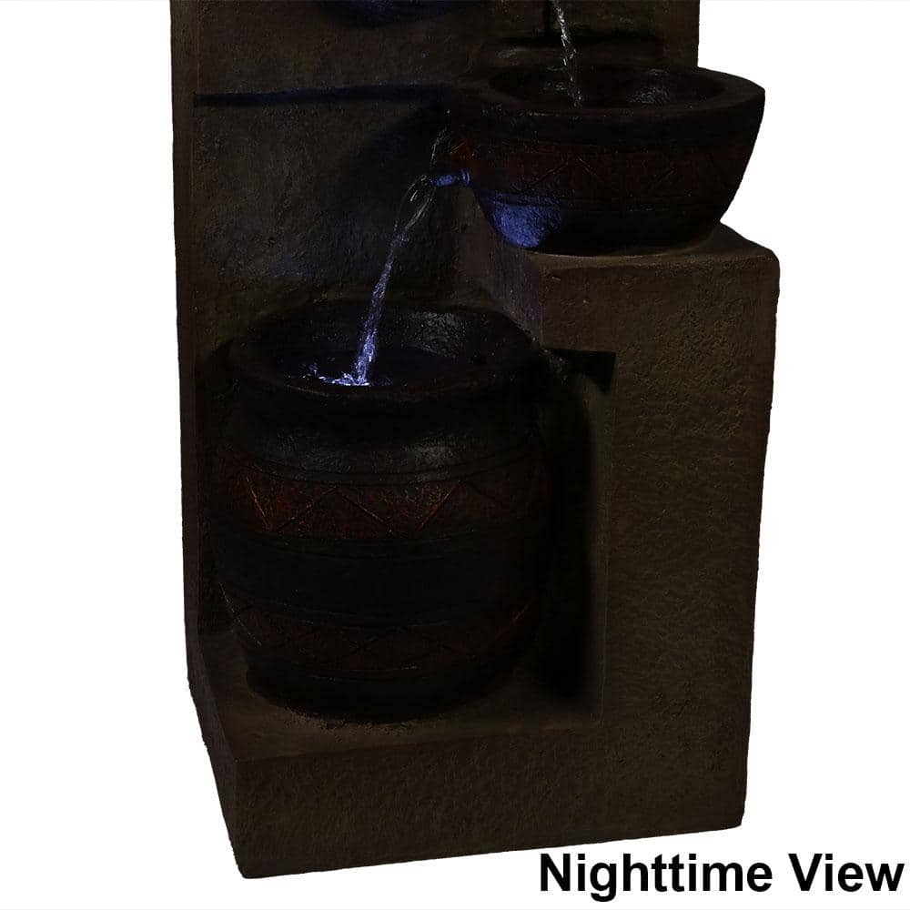 30-Inch Brown Polystone Solar Powered Cascading Water Fountain with LED Light
