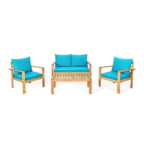 Tunearary Farmhouse 4-Pieces Patio Furniture Set Wood Outdoor Sectional Set with Blue Cushion