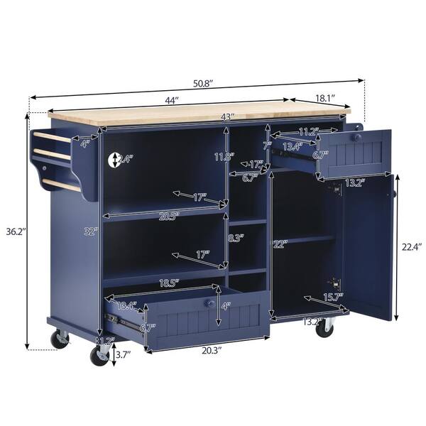 CESICIA Blue Wood Base with Wood Top Rolling Kitchen Island (18.1-in x 50.8-in x 36.2-in)
