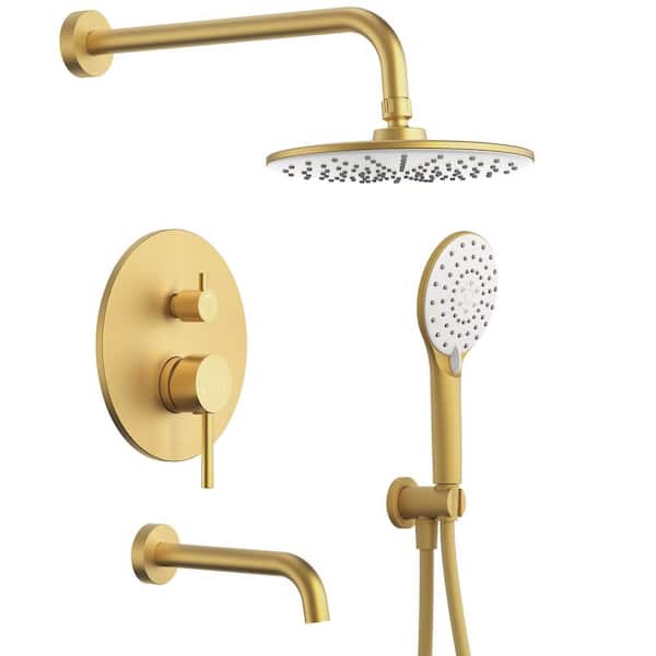 3-Spray Single-Handle Round Rain Dual Fixed Shower Head with Handheld Shower Head in Brushed Gold