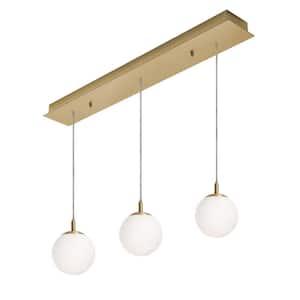 Loretto 3-Light Satin Brass, White Shaded Pendant Light with White Glass Shade