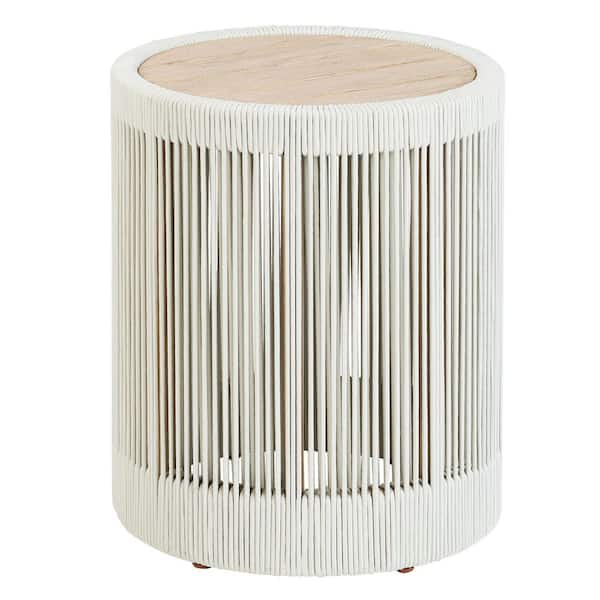Lazlo Cream Round Wood Outdoor Side Table for Outdoor Lounger Chair Fully Assembled with Handwoven Rope Accent