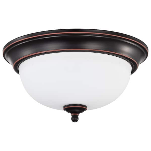 SATCO 13 in. 19-Watt Mahogany Bronze Integrated LED Center Lock Flush Mount with Frost Glass Shade