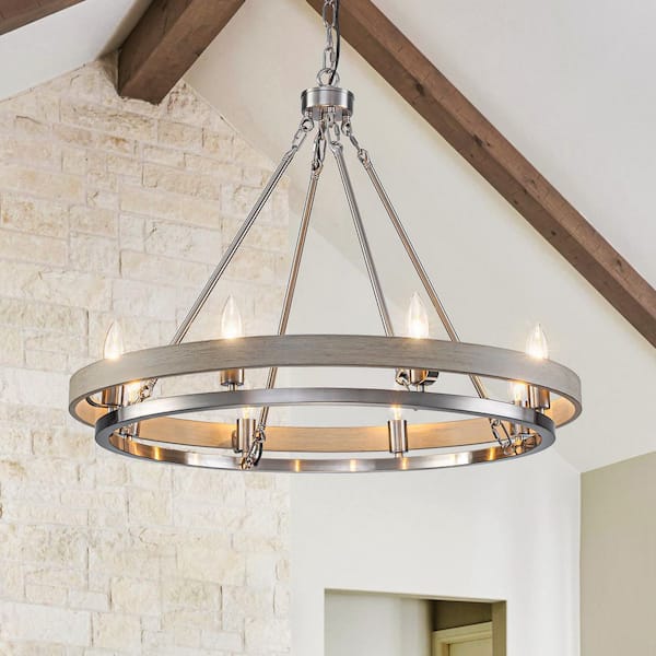 29.13 in. 8-light Farmhouse Satin Nickel Dimmable Wagon Wheel Chandelier for Living Room Dining Room