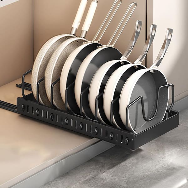 Black Sliding Under Cabinet Pot Lid Holder Adjustable Pan Rack Organizer for Kitchen Storage 2 Pack