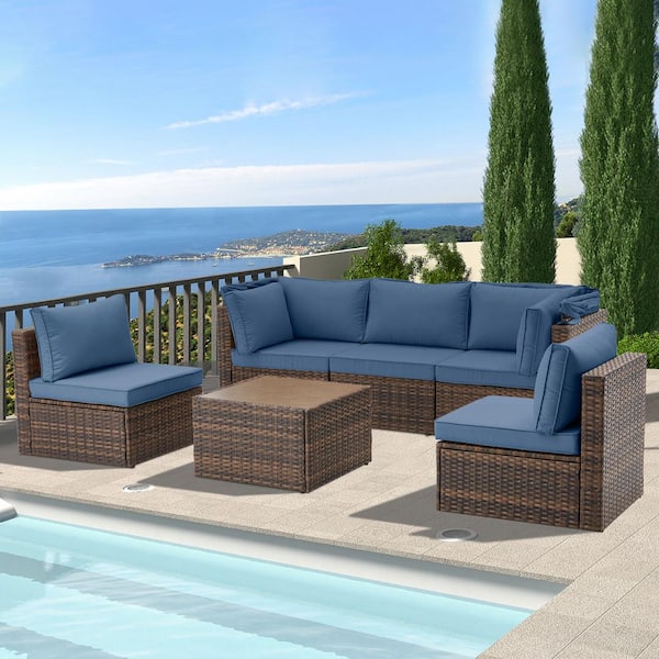 Tenleaf Brown 6-Piece Wicker Patio Conversation Set with Blue Cushions, Adjustable Canopy and Backrest