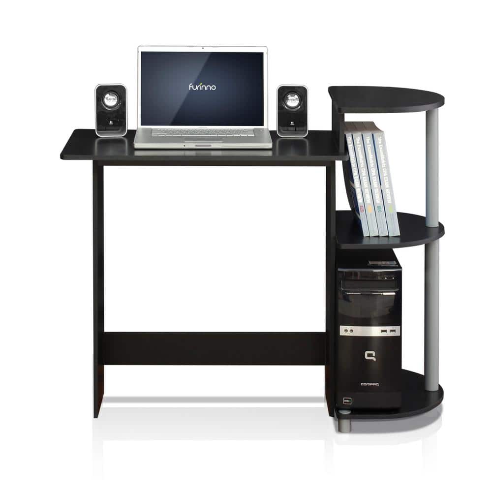 Black Wood Compact Computer Desk with Storage Shelves