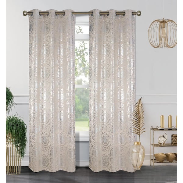 J&V TEXTILES Floral Beige Thermal 38 in. x 84 in. Grommet Blackout Curtain Panels (2-Set)