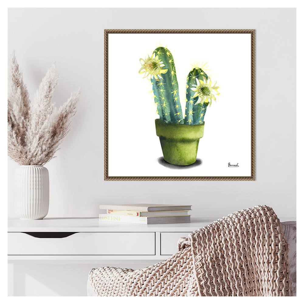 Cactus Flowers II Green and Yellow Canvas Print with Bronze Frame